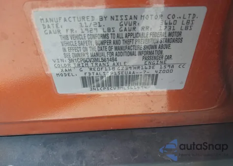 2021 Nissan Kicks Sv Xtronic Cvt from USA, damaged, VIN 3N1CP5CV3ML561494